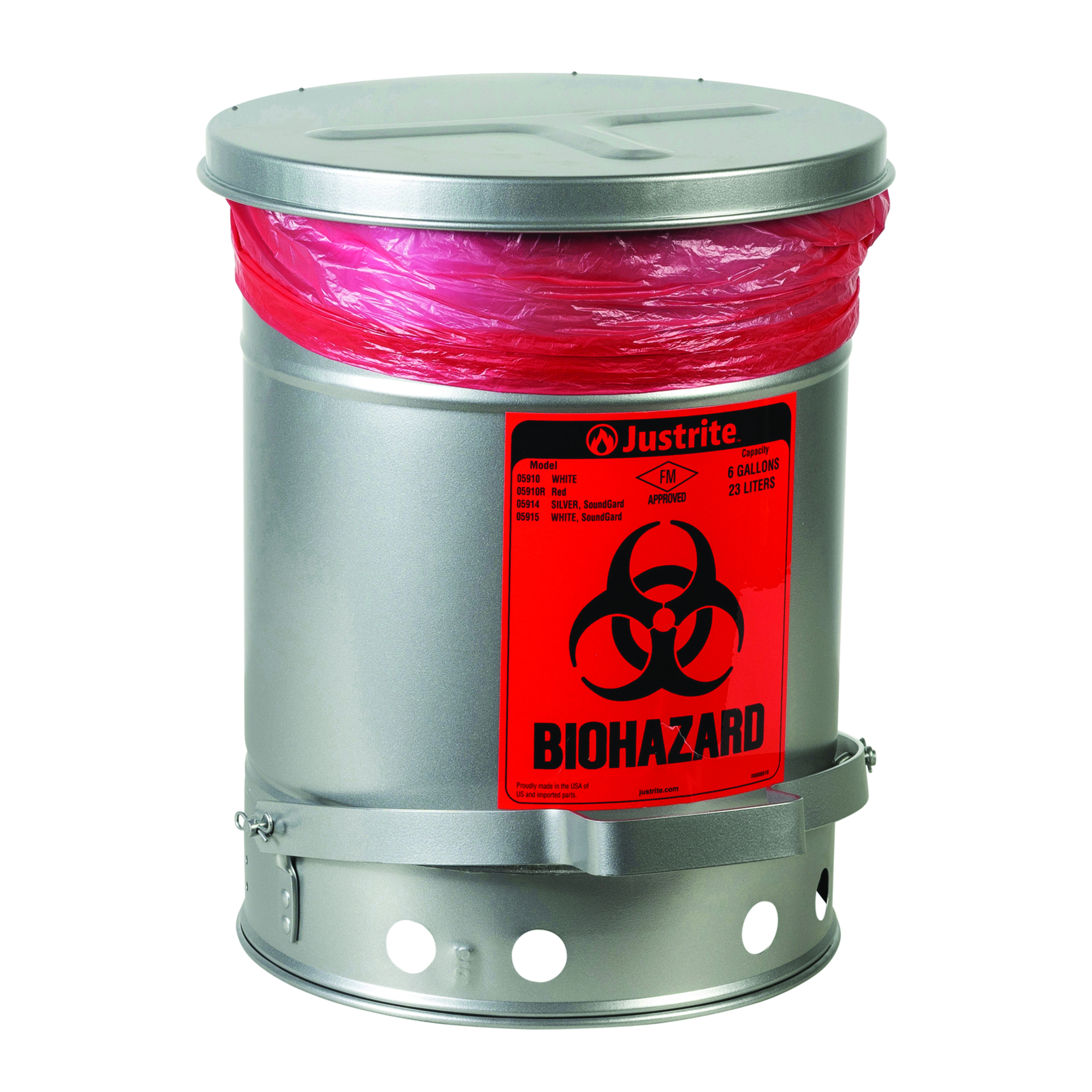 Justrite Steel Biohazard Waste Can — 6 Gallon, Foot-Operated, Self-Closing Lid, Silver, Model# 05914